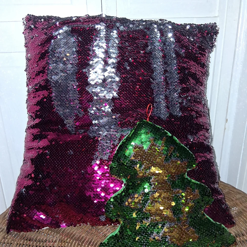 Reversible Sequin Pillow and Tree Ornament Set - Pink and Green